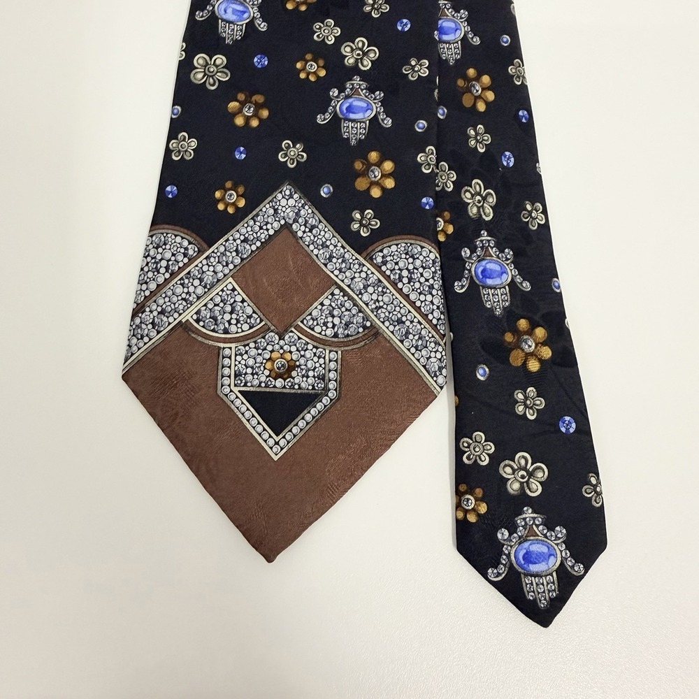 Leonard Paris Men's Tie Floral Jewels Black/Blue/Brown Silk 3.75" (W) x 58" (L)